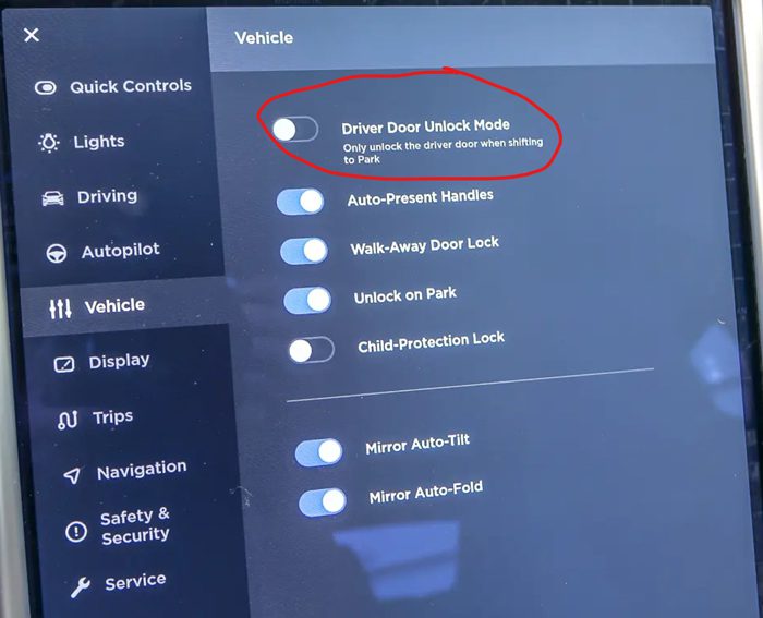 Tesla Driver Door Unlock Mode Turned On